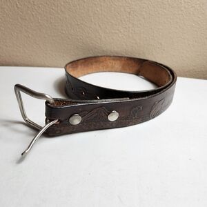 Kids |L/10-12| Brown Leather Fly Fishing Scenery Tooled Embossed Belt
